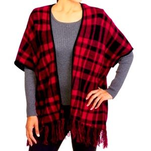 NWT Faded Glory Red and Black Buffalo Plaid Open Poncho Sweater